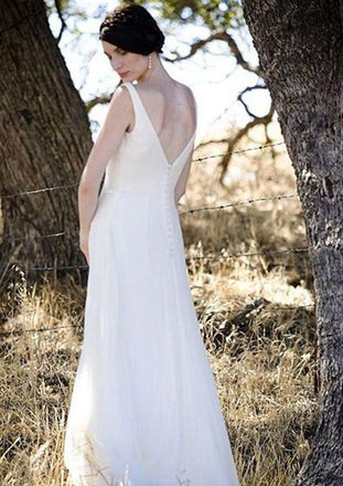 A-line V-neck Ivory Chiffon Floor Length Sleevesless Simple Beach Wedding Dresses DM223