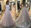 A-line Light Pink Tulle with White lace appliqued Long Backless Prom Dress DM221