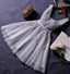 Princess Gray V-neck Lace Appliqued Homecoming Dresses,Grey Tulle Short Prom Dresses DM302