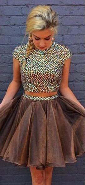 Sexy Rhinestone Beaded Organza Shinny 2 Pieces Cap Sleeves Backless Homecoming Dresses DM372