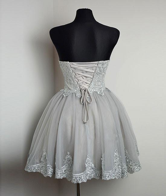 New Strapless Sweetheart Neck Grey Homecoming Dresses Lace Appliqued Short Prom Dresses DM369