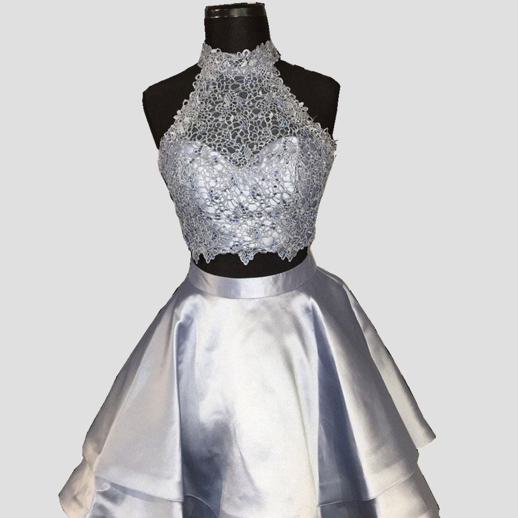 Blue Two Piece High Neck Lace Top Satin Open Back Sleeveless Homecoming Dresses DM370