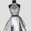 Blue Two Piece High Neck Lace Top Satin Open Back Sleeveless Homecoming Dresses DM370