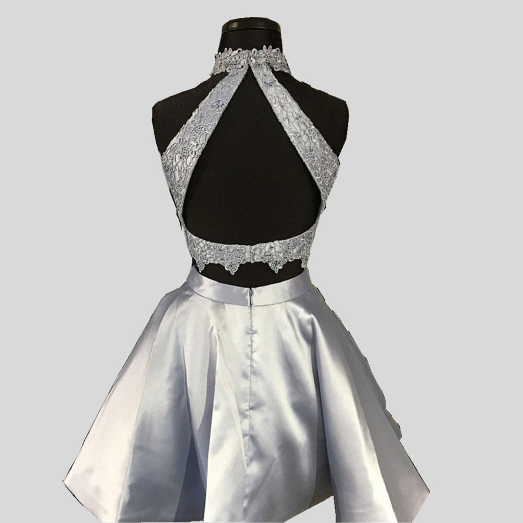 Blue Two Piece High Neck Lace Top Satin Open Back Sleeveless Homecoming Dresses DM370