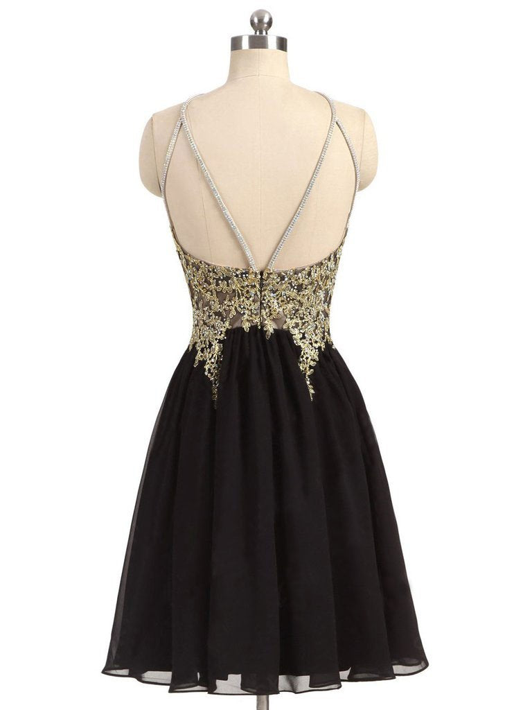 Black Chiffon Gold Beading Lace Halter Backless Homecoming Dresses For Teens DM373