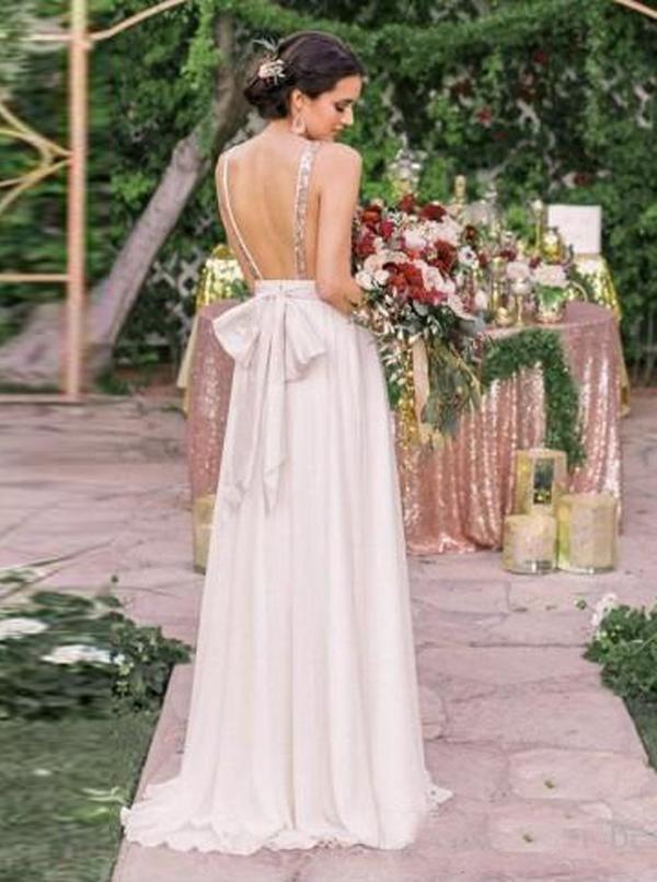 Gold Sequin Chiffon Backless Simple Beach Wedding Dresses with Sash DMF2