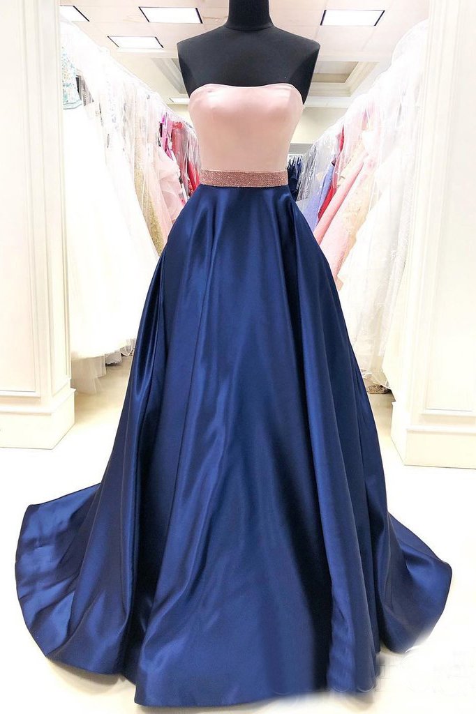 Simple Royal Blue Satin A Line Long Prom Dresses with Pockets DMS81