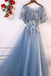 A-Line Blue Tulle Short Sleeves Long Lace Up Formal Evening Prom Dresses DMF29