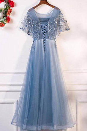 A-Line Blue Tulle Short Sleeves Long Lace Up Formal Evening Prom Dresses DMF29