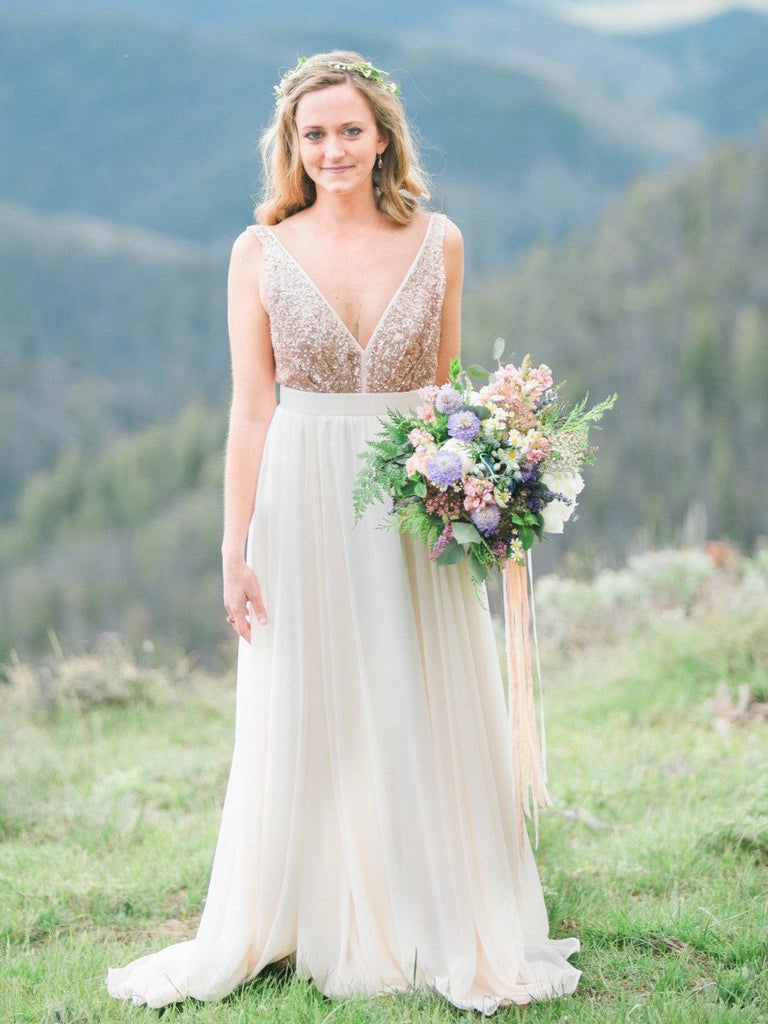 Gold Sequin Chiffon Backless Simple Beach Wedding Dresses with Sash DMF2