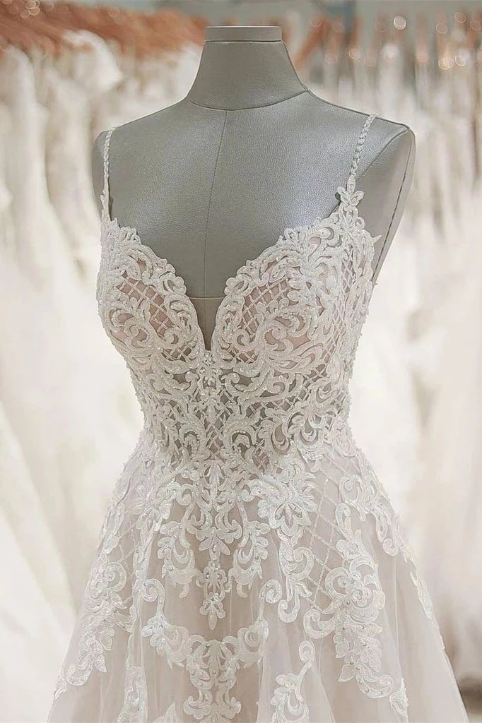 A Line Spaghetti Straps Tulle Wedding Dresses Appliqued Cheap Bridal Dresses DMN94