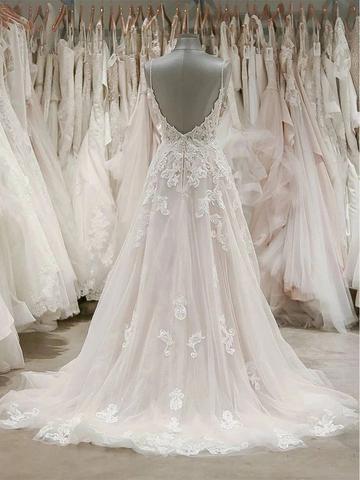 A Line Spaghetti Straps Tulle Wedding Dresses Appliqued Cheap Bridal Dresses DMN94