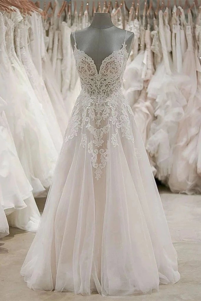 A Line Spaghetti Straps Tulle Wedding Dresses Appliqued Cheap Bridal Dresses DMN94