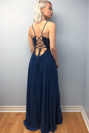 A Line V Neck Lace Beading Top Cross Back Navy Blue Chiffon Prom Dress With Slit DMP091