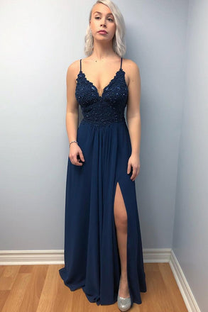A Line V Neck Lace Beading Top Cross Back Navy Blue Chiffon Prom Dress With Slit DMP091