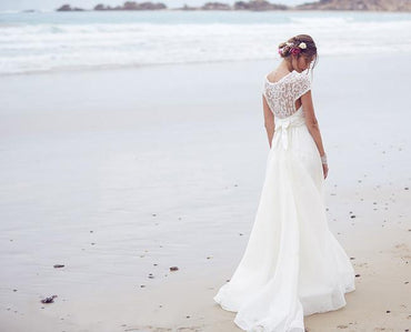 Elegant Lace A Line Round Neck Long Ivory Beach/Coast Wedding Dress DM267