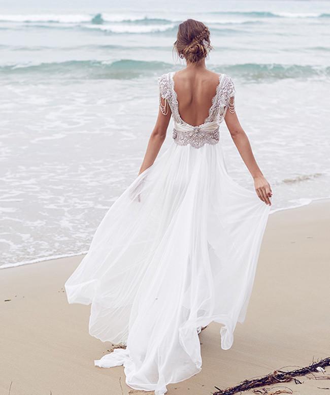 Sexy Beading A Line Chiffon V-neck Long Beach/Coast Wedding Dresses – Demodresses