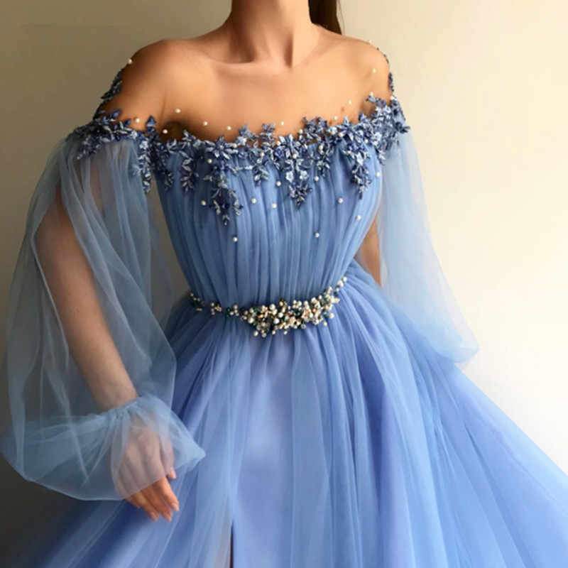 Elegant Blue Long Sleeves Off the Shoulder Beaded Crystal Side Slit Prom Dresses DMC78