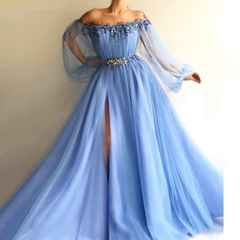 Elegant Blue Long Sleeves Off the Shoulder Beaded Crystal Side Slit Prom Dresses DMC78