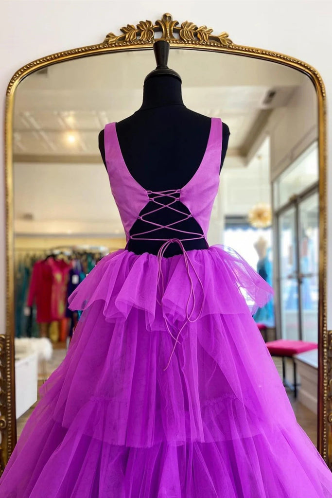 Backless Purple High Low Tired A Line Prom Dresses, Formal Evening Dresses DM1990