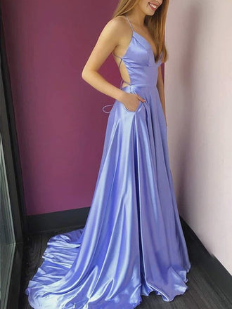Simple A Line Satin Spaghetti Strap Long High Slit Prom Dress With Pockets DM1005