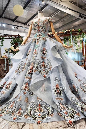 Ball Gown Light Blue Cap Sleeve Long Prom Dresses, Beaded Lace up Quinceanera Dresses DMN75