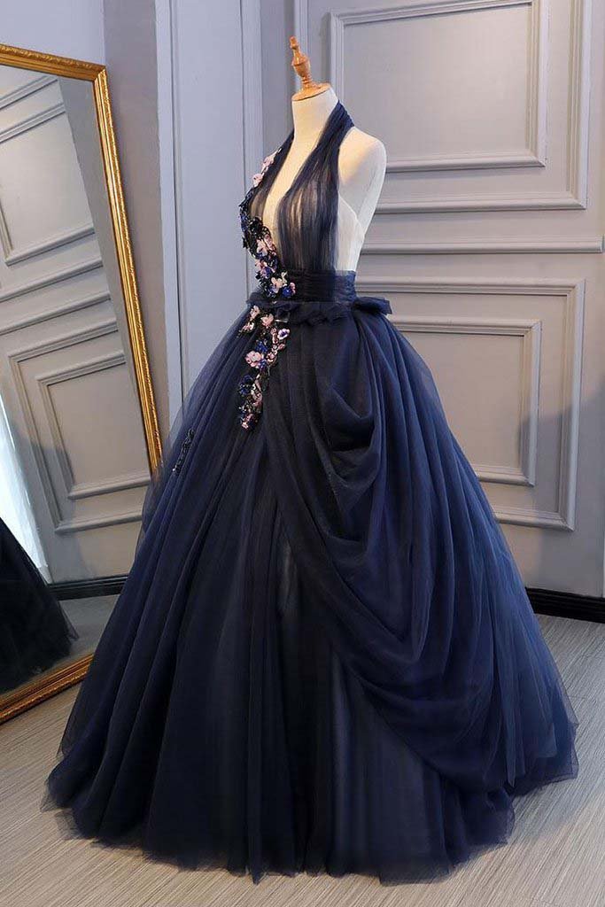 Princess Ball Gown Dark Blue Tulle Halter Prom Dresses Deep V Neck Backless Evening Dresses OKI90 Demodresses Princess Ball Gown Dark Blue Tulle Halter Prom Dresses Deep V Neck Backless Evening Dresses OKI90 Demodresses