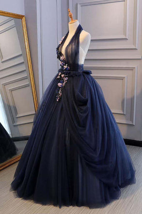 Princess Ball Gown Dark Blue Tulle Halter Prom Dresses Deep V Neck Backless Evening Dresses DMI90