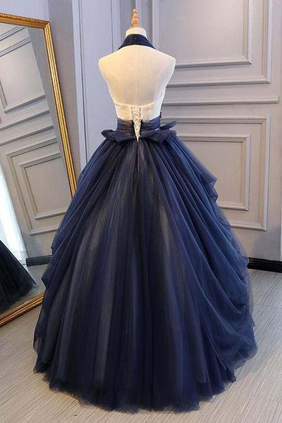 Princess Ball Gown Dark Blue Tulle Halter Prom Dresses Deep V Neck Backless Evening Dresses DMI90