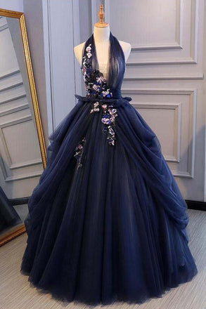 Princess Ball Gown Dark Blue Tulle Halter Prom Dresses Deep V Neck Backless Evening Dresses DMI90