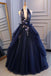 Princess Ball Gown Dark Blue Tulle Halter Prom Dresses Deep V Neck Backless Evening Dresses DMI90