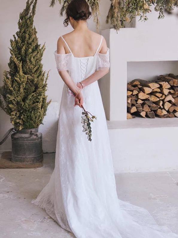 Spaghetti Straps Lace A Line Boho Beach Wedding Dress Simple Bridal Gown DMH82
