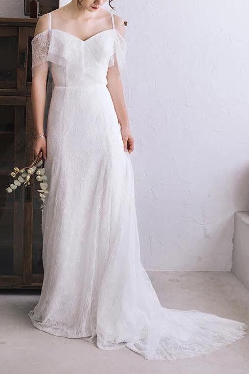 Spaghetti Straps Lace A Line Boho Beach Wedding Dress Simple Bridal Gown DMH82
