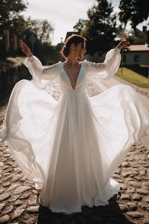 Simple Chiffon V Back Wedding Gown Long Puffy Sleeves Beach Wedding Dress DMW23