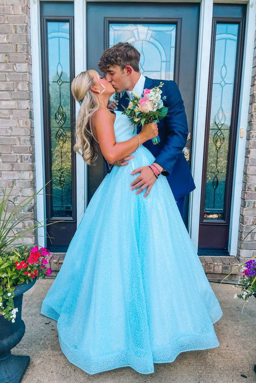 Stunning Sky Blue Sparkly Long Prom Dresses, Spaghetti Straps A-line S Demodresses Stunning Sky Blue Sparkly Long Prom Dresses, Spaghetti Straps A-line S Demodresses