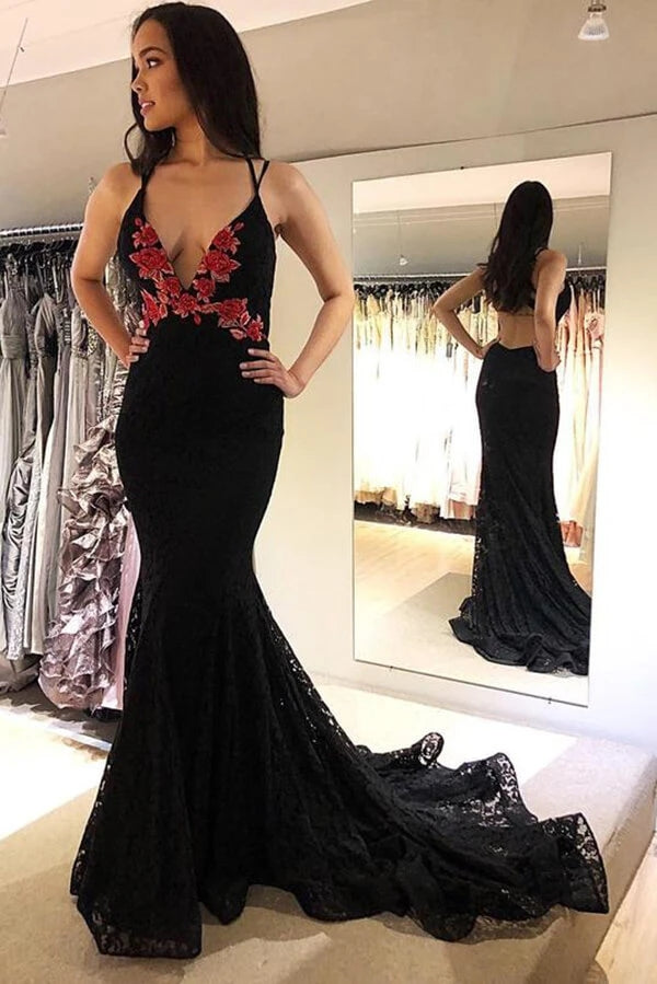 Black Lace Mermaid Backless Spaghetti Straps Prom Dresses, Evening Dress DMP044
