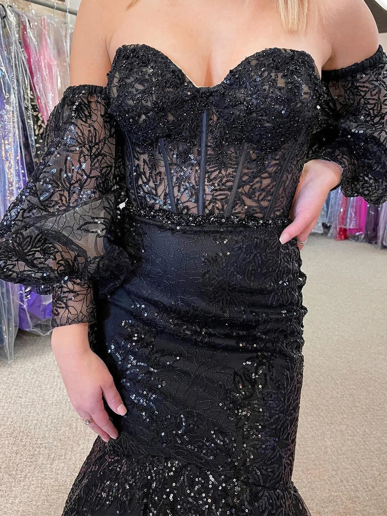 Black Lace Mermaid Long Prom Dresses,  Formal Evening Dresses DM2002