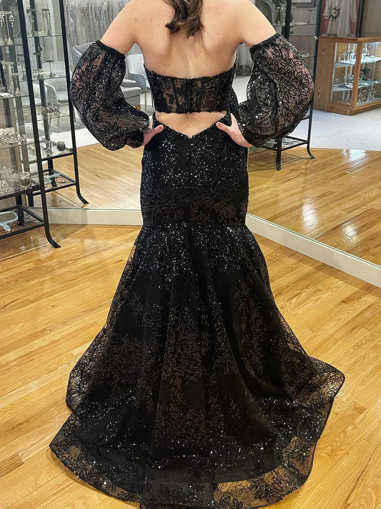 Black Lace Mermaid Long Prom Dresses,  Formal Evening Dresses DM2002