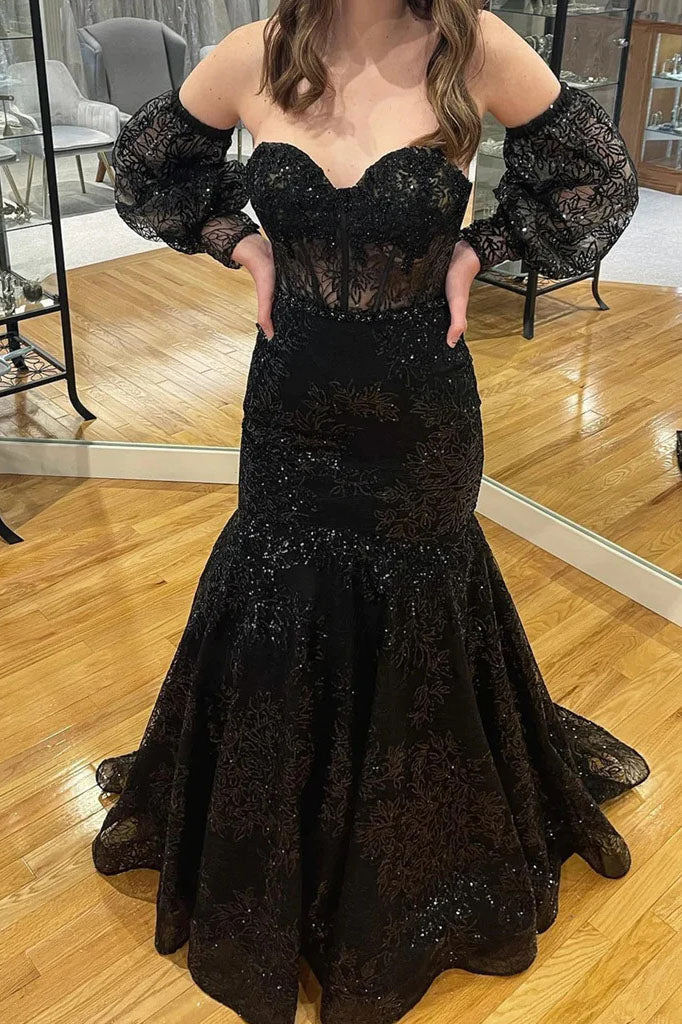 Black Lace Mermaid Long Prom Dresses,  Formal Evening Dresses DM2002