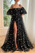 Black Tulle A-line Short Sleeves Stars Long Prom Dresses With Slit, Evening Dresses DMP217