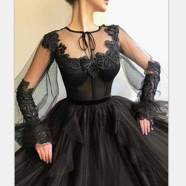 Black Long A-line Tulle Prom Dress, Long Sleeves Modest Evening Gown DMG82