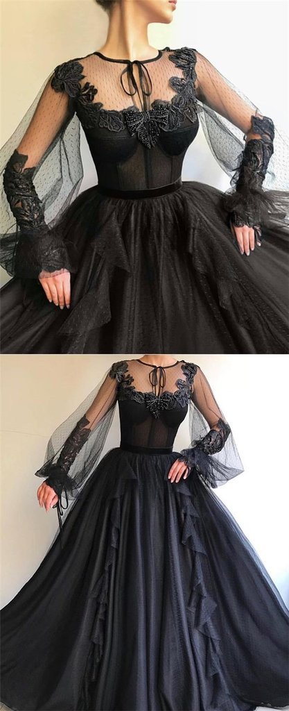 Black Long A-line Tulle Prom Dress, Long Sleeves Modest Evening Gown OKG82  – Demodresses