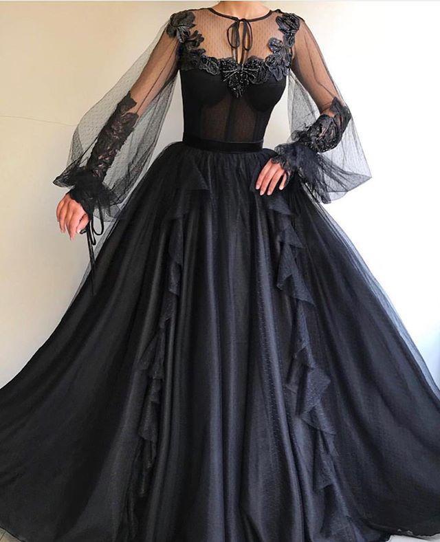 Black Long A-line Tulle Prom Dress, Long Sleeves Modest Evening Gown OKG82 Demodresses Black Long A-line Tulle Prom Dress, Long Sleeves Modest Evening Gown OKG82 Demodresses