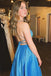 Blue Satin A-line Spaghetti Straps Long Prom Dress With Slit, Formal Evening Dress DM2008