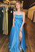 Blue Satin A-line Spaghetti Straps Long Prom Dress With Slit, Formal Evening Dress DM2008