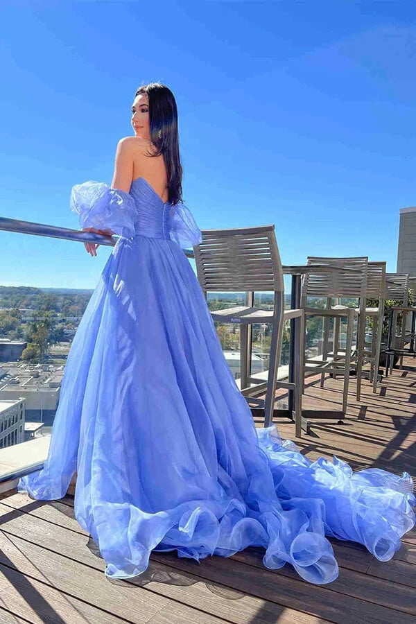 Blue Tulle A-line Princess Puff Sleeves Pleated Sweetheart Prom Dresses, Formal Evening Gown DM2007