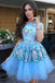 Blue Floral Prints Tulle Short Sleeves A Line Charming Homecoming Dresses DME9