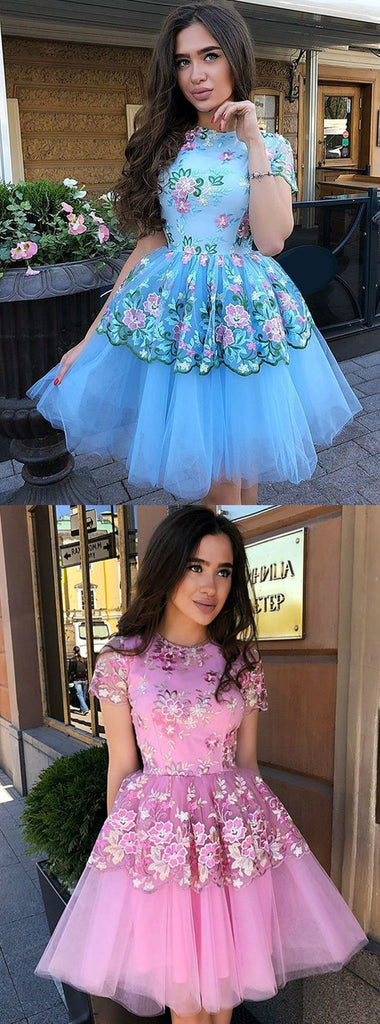 Blue Floral Prints Tulle Short Sleeves A Line Charming Homecoming Dresses DME9