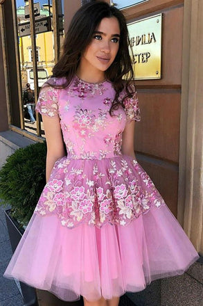 Blue Floral Prints Tulle Short Sleeves A Line Charming Homecoming Dresses DME9