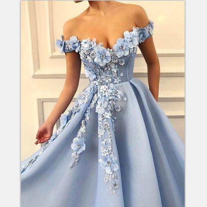 Blue Off Shoulder Flower Appliques A-line  Long Modest Beautiful Prom Dresses DMH13
